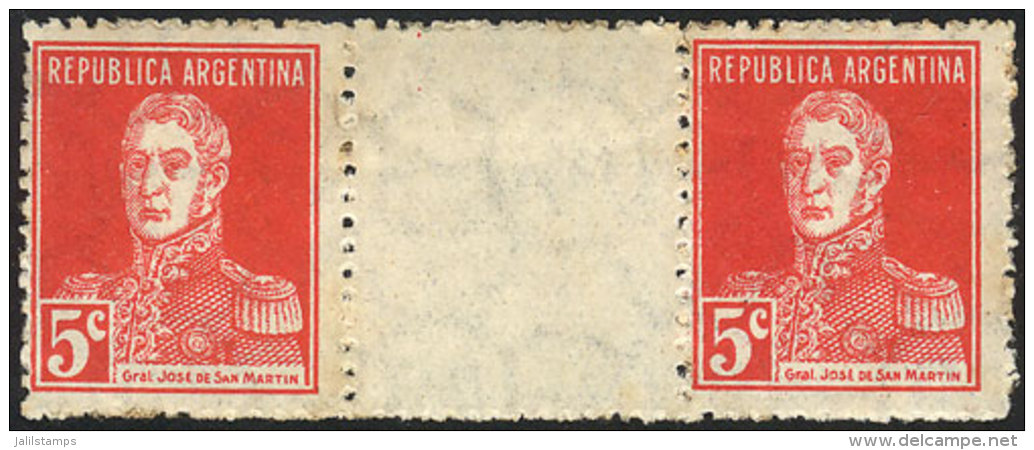 GJ.599EV, 5c. San Mart&iacute;n W/o Period, Horizontal Gutter Pair, Mint No Gum, VF, Catalog Value US$100. - Autres & Non Classés