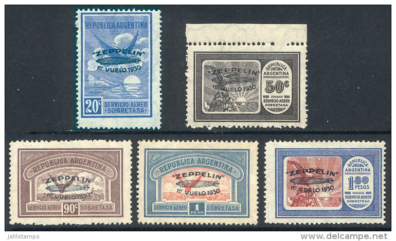 GJ.665/669, 1930 Zeppelin With Green Overprint, Complete Set Of 5 Stamps, Mint With Tiny And Almost Invisible Hinge... - Luchtpost