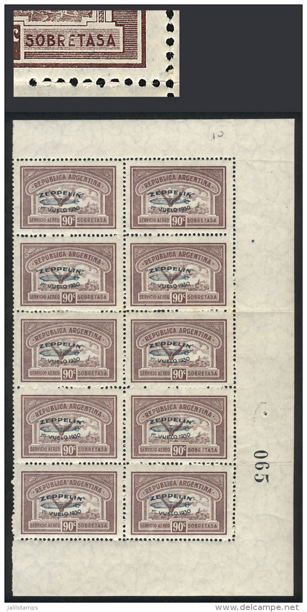 GJ.667, 1930 90c. Zeppelin With Green Overprint, Beautiful Block Of 10 (right Part Of The Sheet), One With Variety:... - Luchtpost