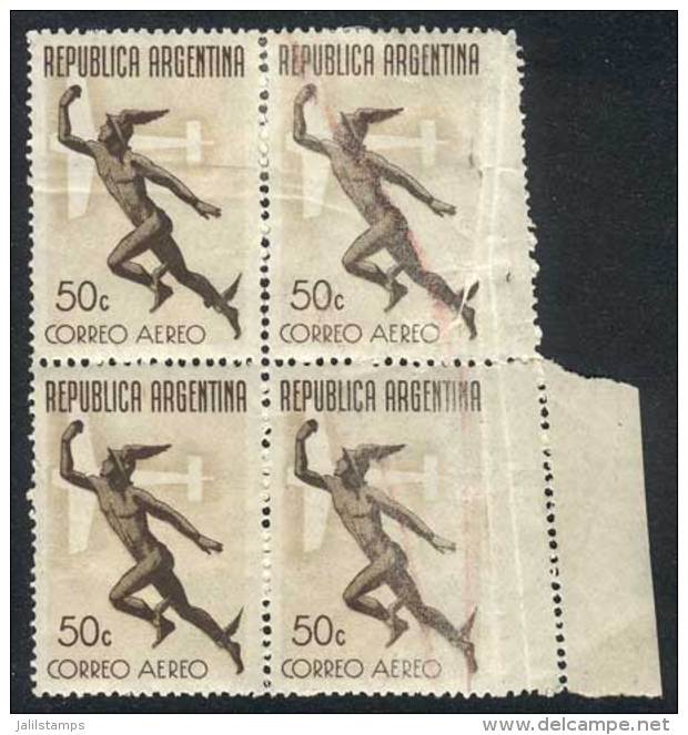 GJ.864, 1942 50c. Unwatermarked, Block Of 4 With Production VARIETY Due To Paper Wrinkles During The Printing... - Luchtpost