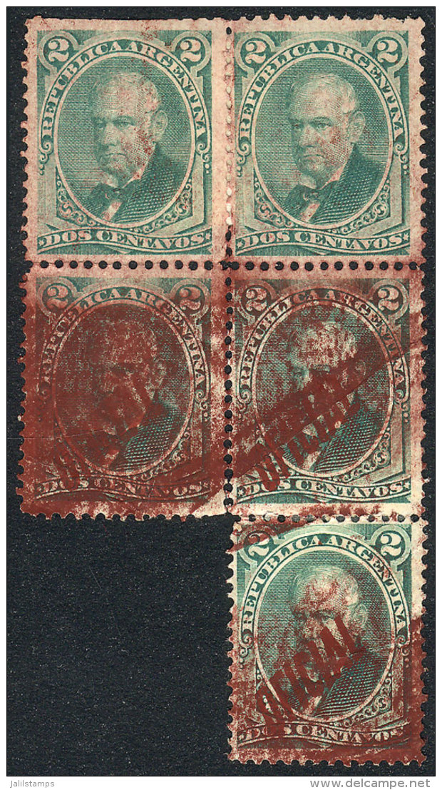 GJ.30a, 2c. Green With Red Overprint, Block Of 5 WITH And WITHOUT OVERPRINT, With Some Defects, Extremely Rare! - Dienstzegels