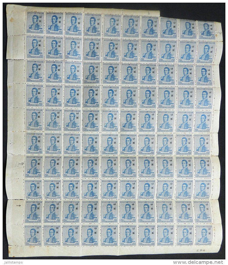 GJ.156, 1918 12c. San Mart&iacute;n Unwatermarked, Complete Sheet Of 100 Stamps, Including Some Overprint... - Service