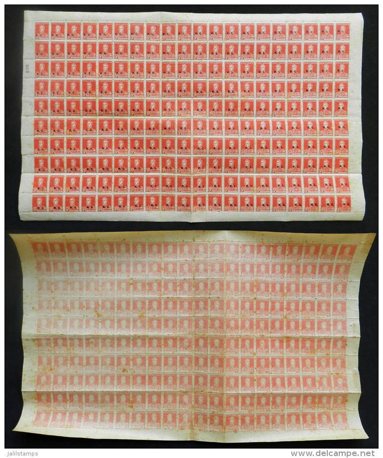 GJ.185, 1926 5c. San Mart&iacute;n W/o Period, Complete Sheet Of 200 Stamps WITH TWO IMPORTANT VARIETIES: Offset... - Officials