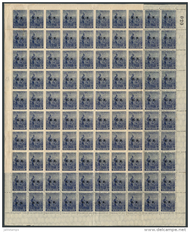 GJ.454, 1912 Plowman 12c., German Paper, Perf 13&frac12; X 12&frac12;, COMPLETE SHEET Of 100 Examples, Mint (most... - Dienstzegels