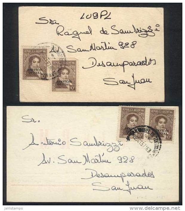 2 QSL Cards Sent From Tucum&aacute;n To San Juan On 12/FE/1957, Franked Using OFFICIAL Stamps As Postage, VF And... - Dienstzegels