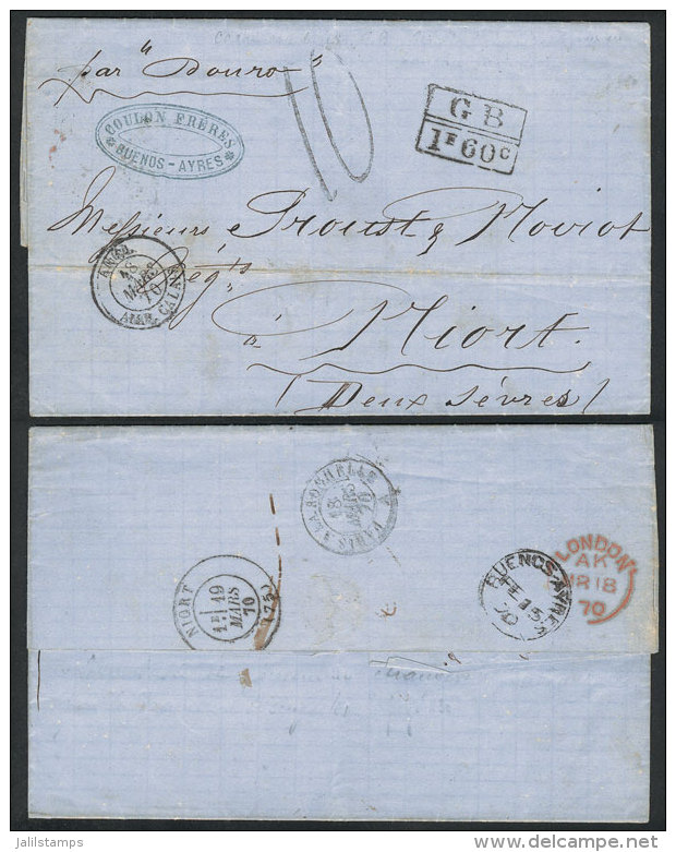 Entire Letter Sent From Buenos Aires To Hiort (France) On 15/FE/1870 By English Mail, With Good Number Of Transit... - Other & Unclassified