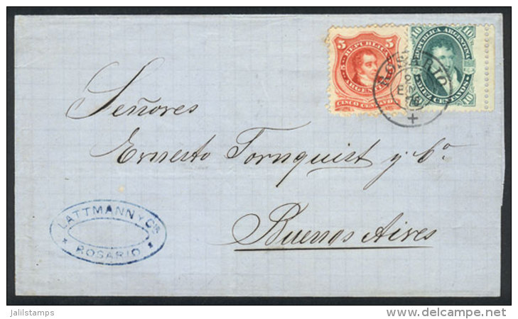 Folded Cover Sent To Buenos Aires On 23/JA/1873, Franked With 15c.(GJ.38 + 39), Cancelled "ROSARIO +" In Double... - Other & Unclassified