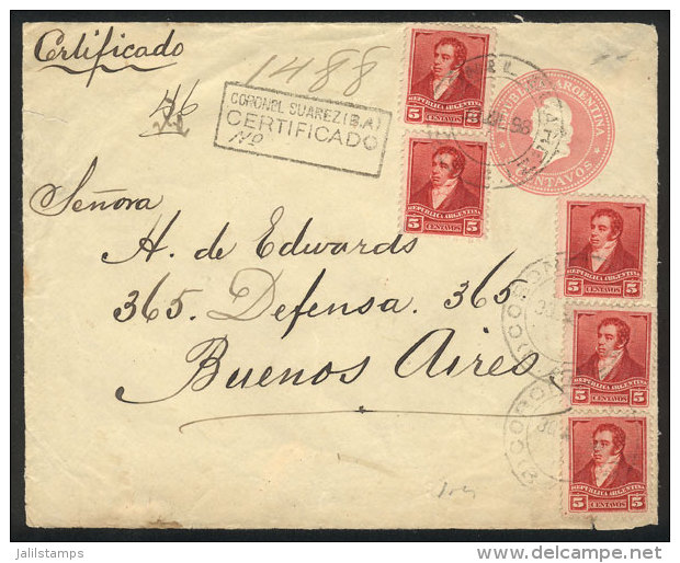 Front Of A 5c. Liberty Stationery Envelope  + 5x 5c. Rivadavia Of 1899, Sent By Registered Mail From CORONEL SUAREZ... - Other & Unclassified