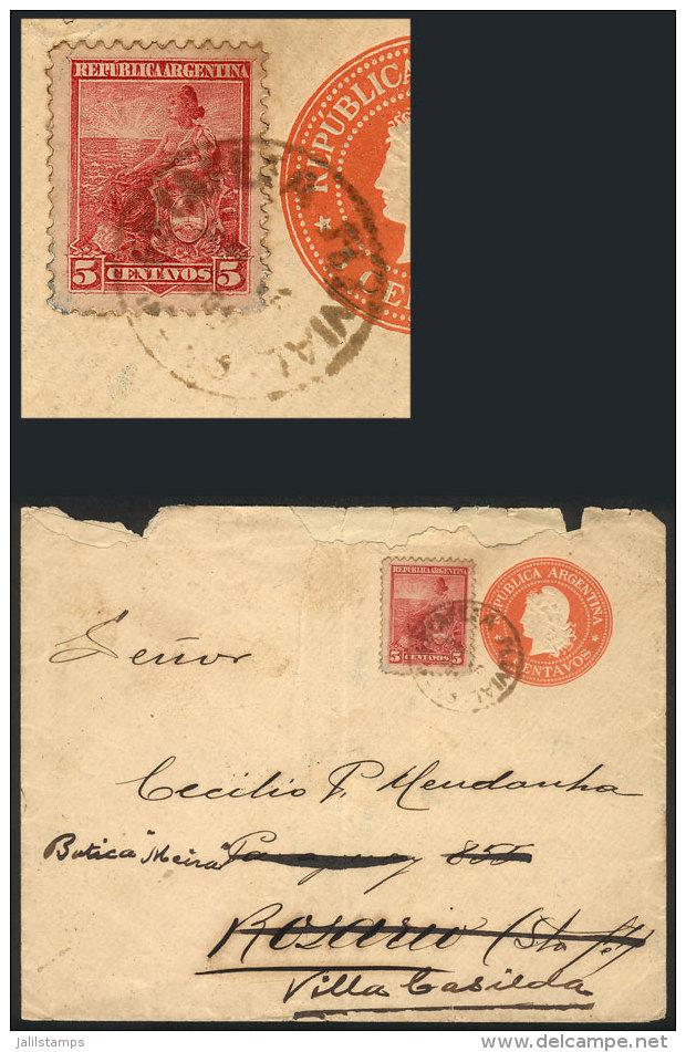 5c. Stationery Envelope Uprated With 5c. Liberty, Cancelled "ESTAFETA FLUVIAL", Sent First To Rosario And Then... - Andere & Zonder Classificatie