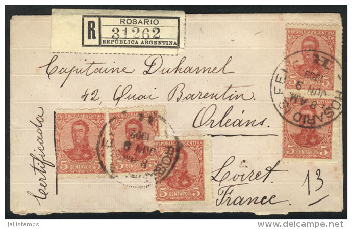 Registered Cover Sent From Rosario To France On 9/JUN/1909 Franked With 5x 5c. San Mart&iacute;n In Oval (total... - Other & Unclassified