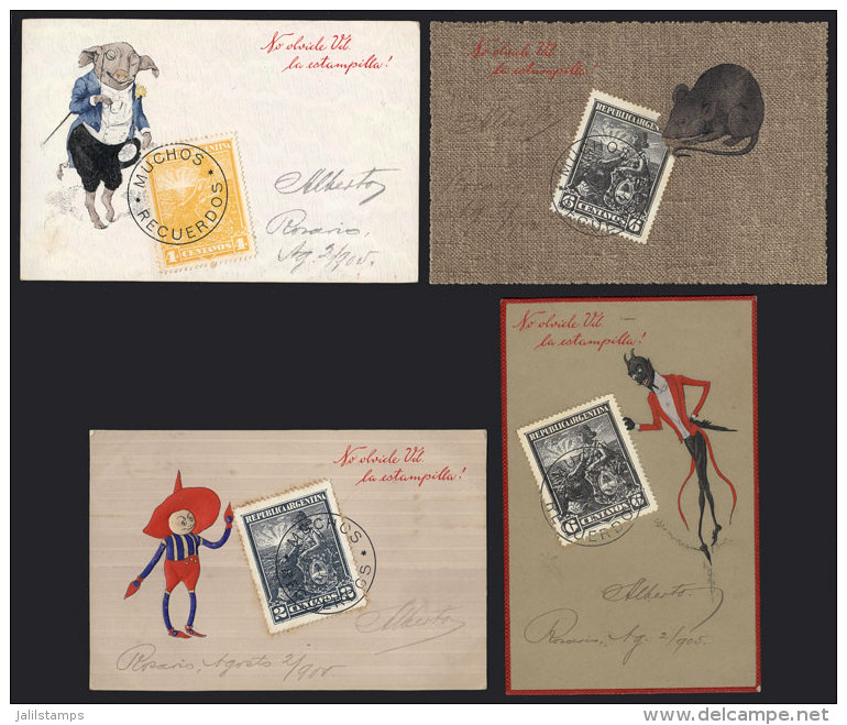 4 Beautiful And Very Rare PCs Edited By G.B.Pedrocchi, All With Reproductions Of Stamps From The Issue Seated... - Argentinië