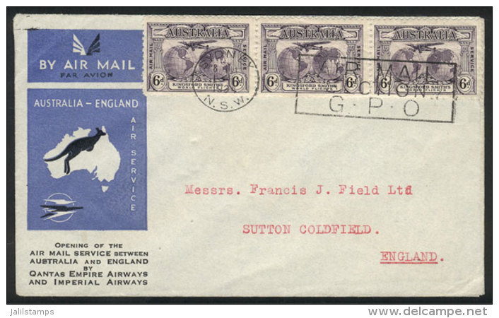 MAR/1934 First Flight Australia - England Of Quantas, Cover Franked By Sc.C3 Strip Of 3, VF Quality! - Brieven En Documenten