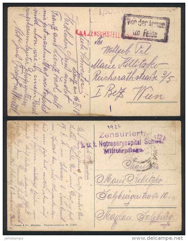 2 Postcards Sent From The War Front In 1916/8, Stampless, And With Military Markings, VF Quality! - Lettres & Documents