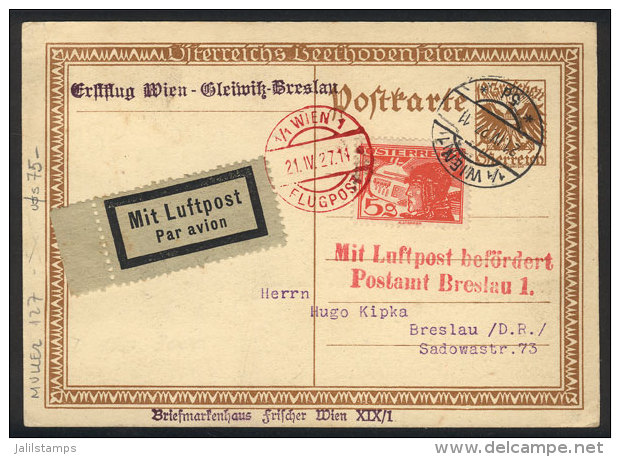 21/DE/1927 First Flight Wien - Breslau, Postal Card Of VF Quality! - Covers & Documents