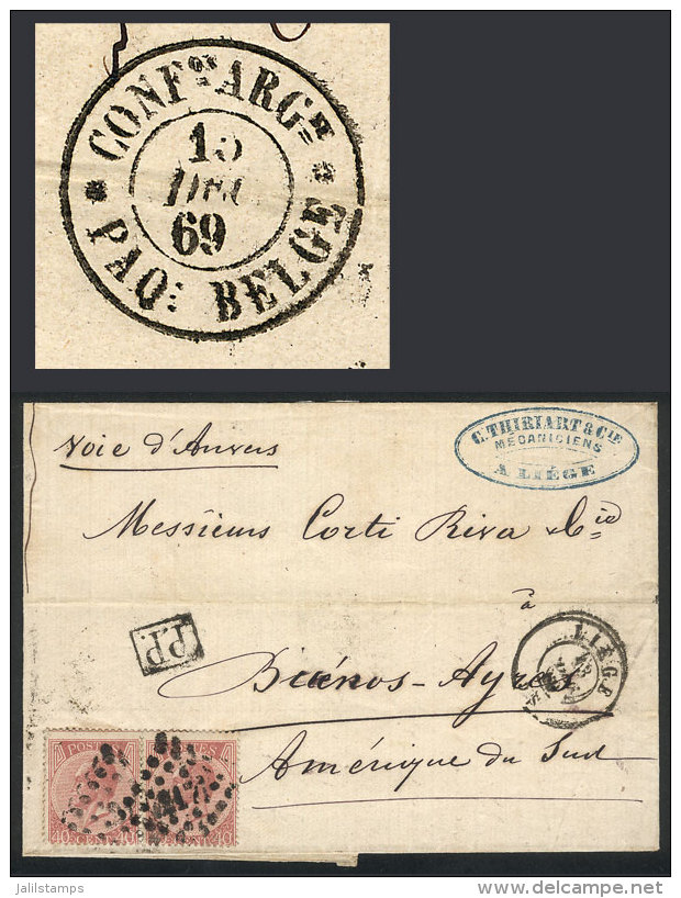 13/DE/1869 LIEGE - Argentina: Folded Cover Franked With Pair Sc.21 (Leopold I 40c. Rose Perf 15), With Numeral... - Andere & Zonder Classificatie