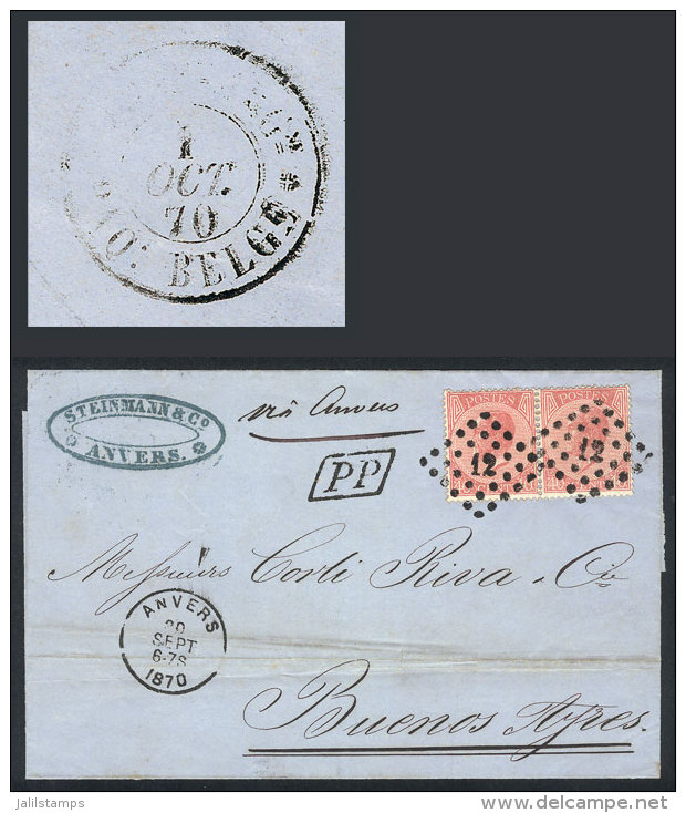 30/SE/1870 ANVERS - Argentina: Folded Cover Franked With Pair Sc.21a (Leopold I 40c. Rose Perf 14&frac12;x14), With... - Other & Unclassified