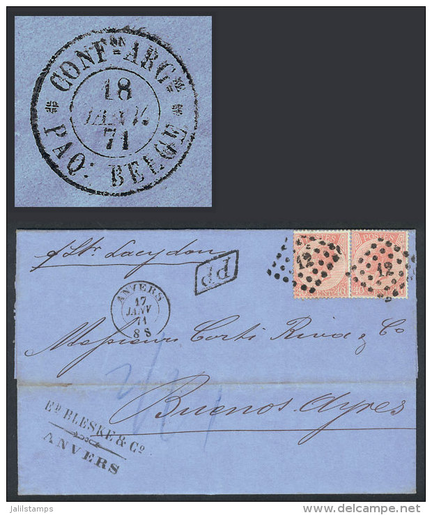 17/JA/1871 ANVERS - Argentina: Entire Letter Franked With Pair Sc.21a (Leopold I 40c. Rose Perf 14&frac12;x14),... - Andere & Zonder Classificatie