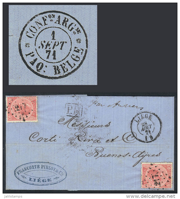 28/AU/1871 LI&Eacute;GE - Argentina: Entire Letter Franked With 2x Sc.21 (Leopold I 40c. Rose Perf 15), With... - Andere & Zonder Classificatie