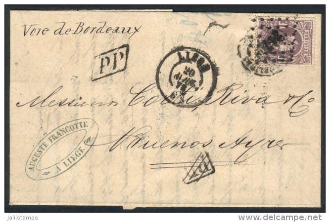 2/APR/1872 LIEGE - Argentina: Entire Letter Franked By Sc.36 (1 Fr. Leopold II) With Two Overlapping Cancels... - Andere & Zonder Classificatie