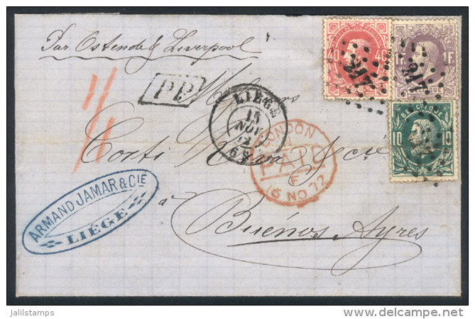 15/NO/1872 LIEGE - Argentina: Folded Cover Franked By Sc.32 + 35 + 36 (Leopold II 10c + 40c + 1Fr.), Numeral "217"... - Other & Unclassified