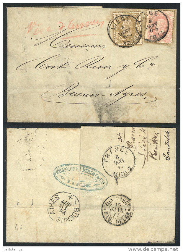 4/JA/1877 LI&Eacute;GE - Argentina: Folded Cover Franked With Sc.35 + 37 (Leopold II 25c. Olive + 40c. Rose),... - Andere & Zonder Classificatie