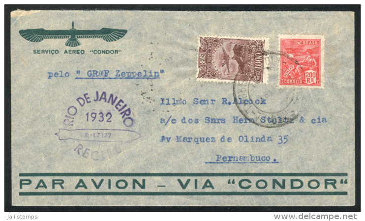 Cover Flown By Zeppelin, Sent From Rio To Pernambuco On 16/SE/1932, And Arrival Backstamp Of 17/SE, VF Quality! - Lettres & Documents