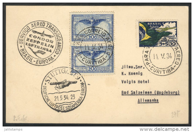 Card Sent By Zeppelin From Curitiba To Germany On 14/MAY/1934, VF! - Lettres & Documents