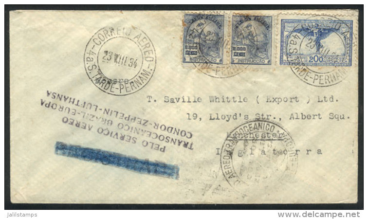 Cover Flown By Zeppelin, Sent From Pernambuco To England On 23/AU/1934, Friedrichshafen Transit Backstamp Of 28/AU,... - Brieven En Documenten