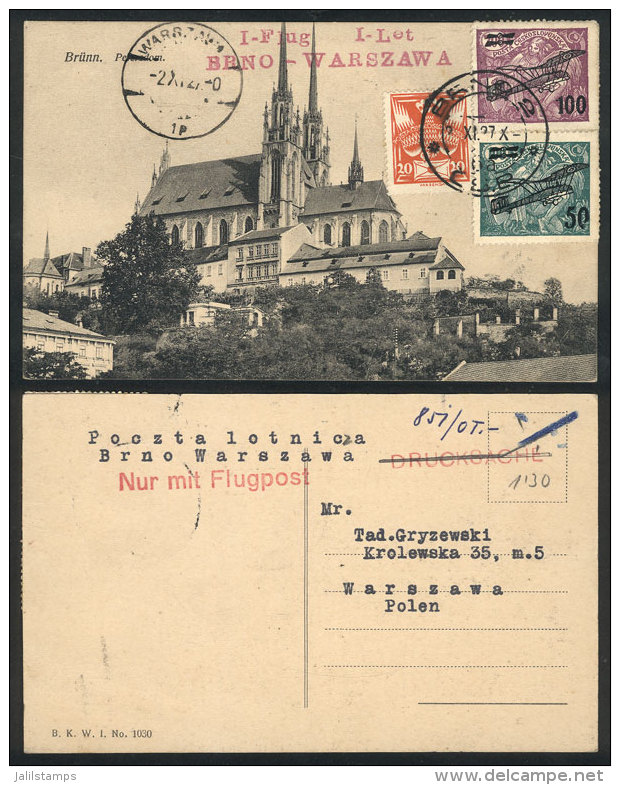 Postcard With Nice Postage, Flown Between BRNO And WARSZAWA (Poland) On 2/NO/1927, VF Quality! - Lettres & Documents