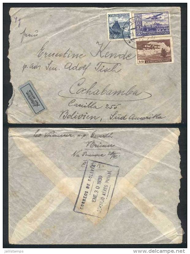18/JA/1939 Brno - Bolivia: Air Mail Cover Franked With 17.50K, Very Nice, Very Rare Destination! - Lettres & Documents