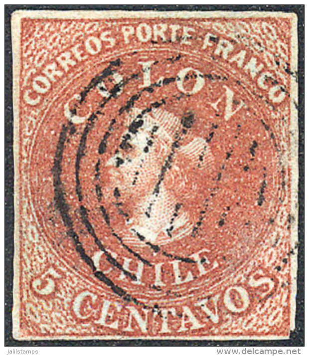 Yvert 1, 1853 5c. Redish Chestnut On Bluish Paper, 4 Margins, VF Quality, Catalog Value Euros 75. - Chili