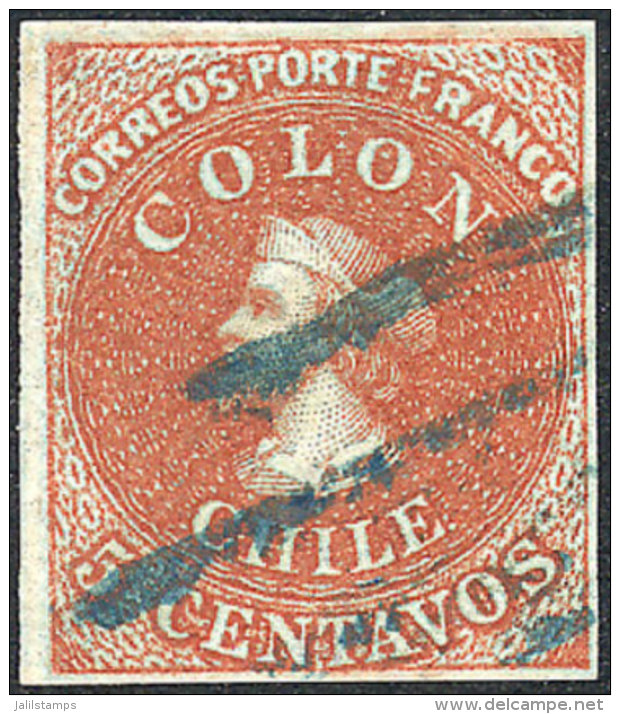 Yvert 4, Blue Cancel, Possibly Of A Traveling PO (estafeta), Wide Margins, VF Quality! - Chili