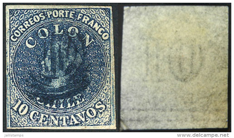 Yvert 6, Watermark With Horizontal Lines At Bottom, 4 Margins, BLUE Cancel, VF Quality! - Chili