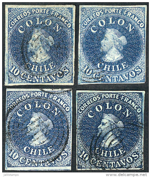 Yvert 6, 1856/66 10c., 4 Examples, Different Shades, All Of 4 Margins, VF Quality! - Chili