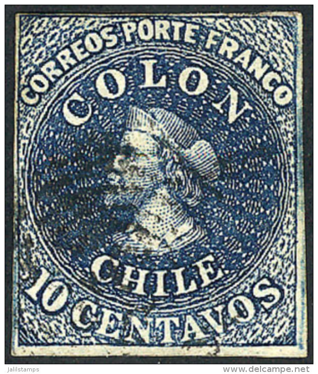 Yvert 6d, 10c. Very Dark Blue, THICK PAPER, 4 Margins (one Just), Inverted Watermark, VF! - Chili