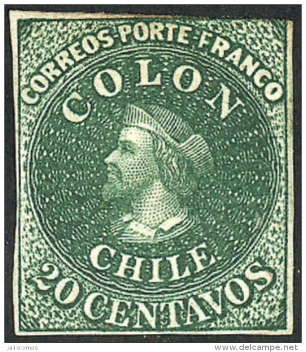 Yvert 10, 20c. Green, Mint, With Line Watermark At Bottom, 3 &frac12; Margins, Very Nice! - Chile