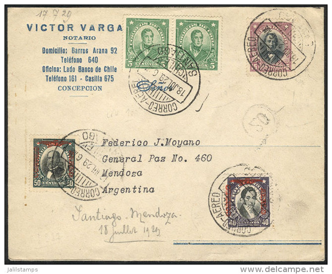 18/JUL/1929 First Airmail Santiago - Mendoza, By Mermoz, With Special Violet Cachet Of The Flight On Reverse And... - Chili