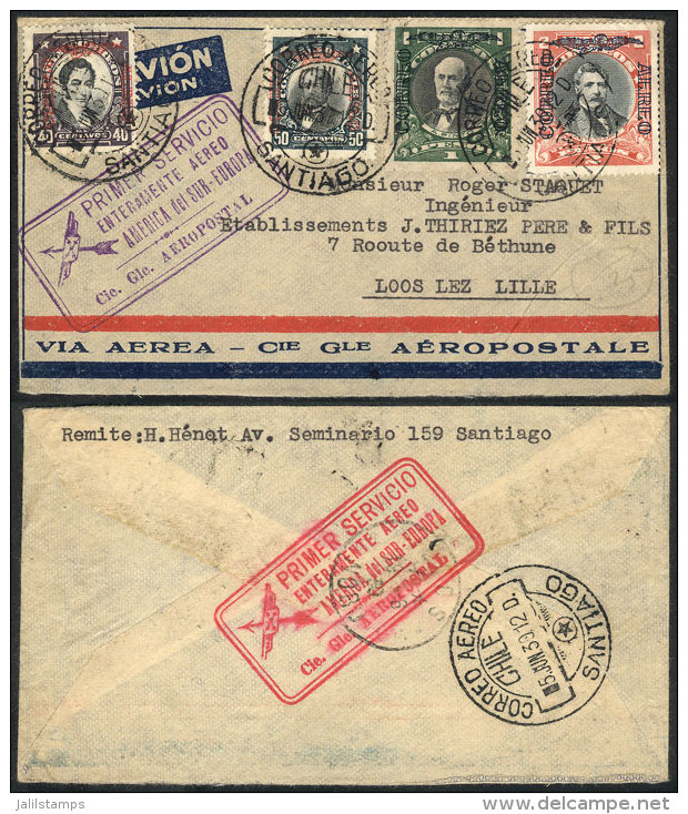 5/JUN/1930 Santiago - France: Cover With Violet Cachet Of The First 100% Airmail Service Between South America And... - Chili