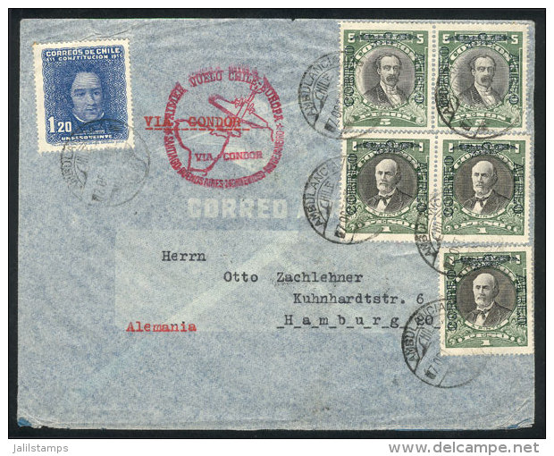 Airmail Cover Sent To Germany On 7/OC/1935 With Nice Franking Of 14.20P., And Special Red Handstamp Of "First... - Chili