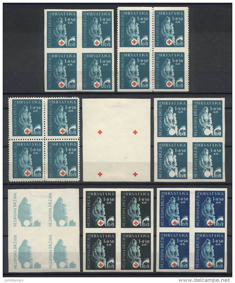 Yv.105, 1943 1k. + 0.50k. Red Cross, Lot Of 8 Blocks Of 4: Normal, Imperforate, Imperforate Horizontally, And 5... - Croatie