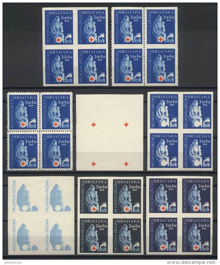 Yv.107, 1943 3.50k. + 1.50k. Red Cross, Lot Of 8 Blocks Of 4: Normal, Imperforate, Imperforate Horizontally, And 5... - Croatie