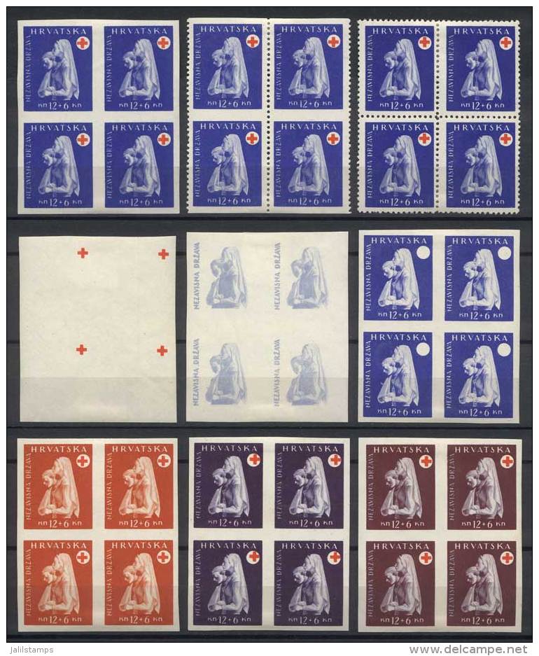 Yv.111, 1943 12k. + 6k. Red Cross, Lot Of 9 Blocks Of 4: Normal, Imperforate, Imperforate Horizontally, And 6 Trial... - Kroatië