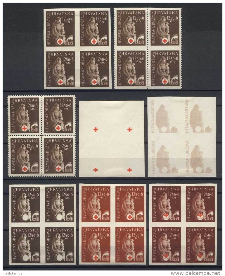 Yv.112, 1943 12.50k. + 6k. Red Cross, Lot Of 8 Blocks Of 4: Normal, Imperforate, Imperforate Horizontally, And 5... - Croatie