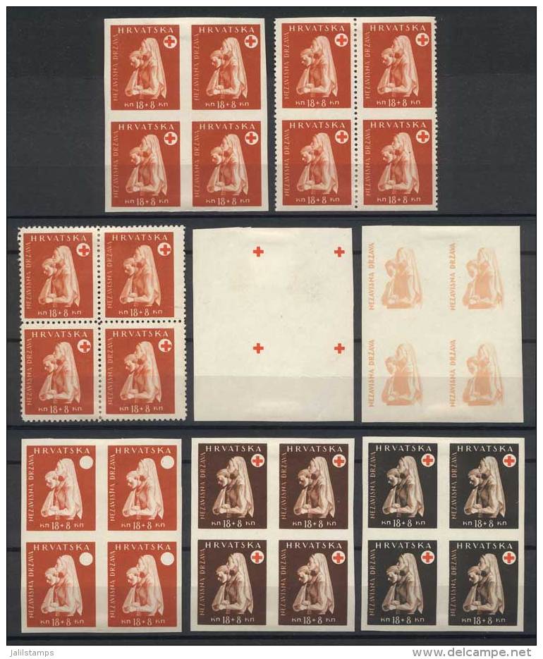 Yv.113, 1943 18k. + 8k. Red Cross, Lot Of 8 Blocks Of 4: Normal, Imperforate, Imperforate Horizontally, And 5 Trial... - Croatie