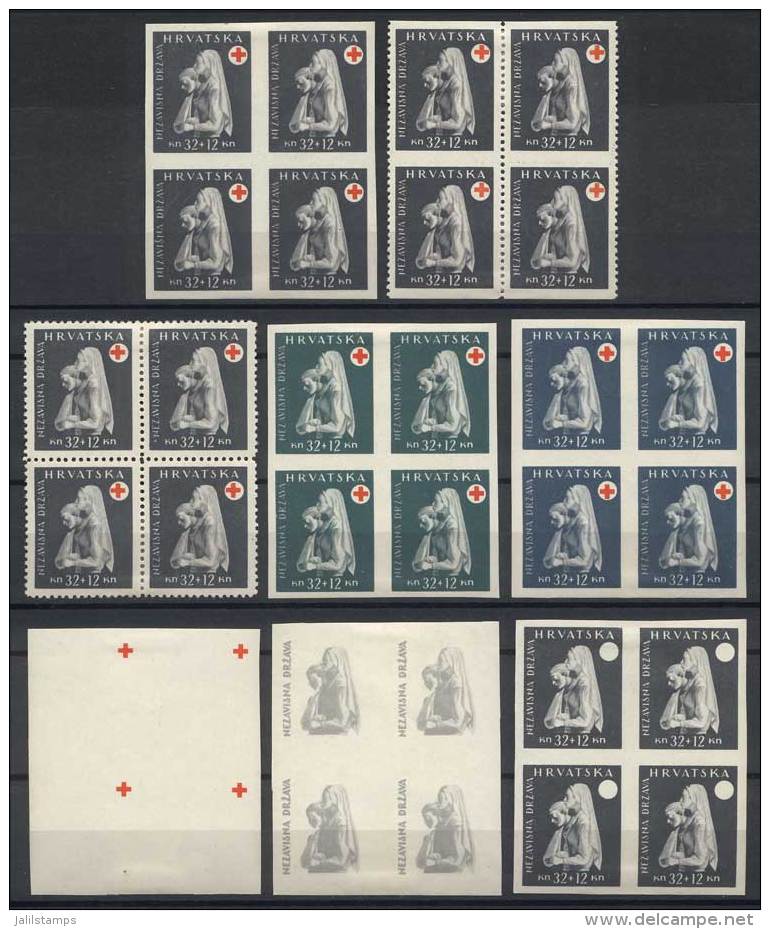Yv.114, 1943 32k. + 12k. Red Cross, Lot Of 8 Blocks Of 4: Normal, Imperforate, Imperforate Horizontally, And 5... - Croatie