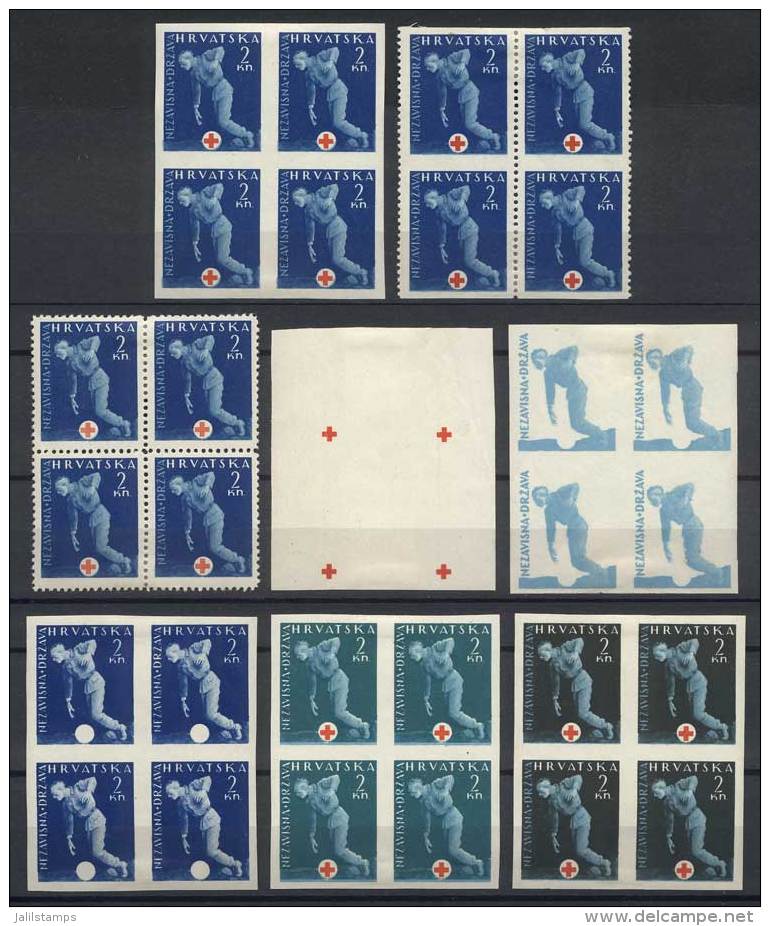 Yv.1, 1943 2k. Red Cross, Lot Of 8 Blocks Of 4: Normal, Imperforate, Imperforate Horizontally, And 5 Trial Color... - Kroatië