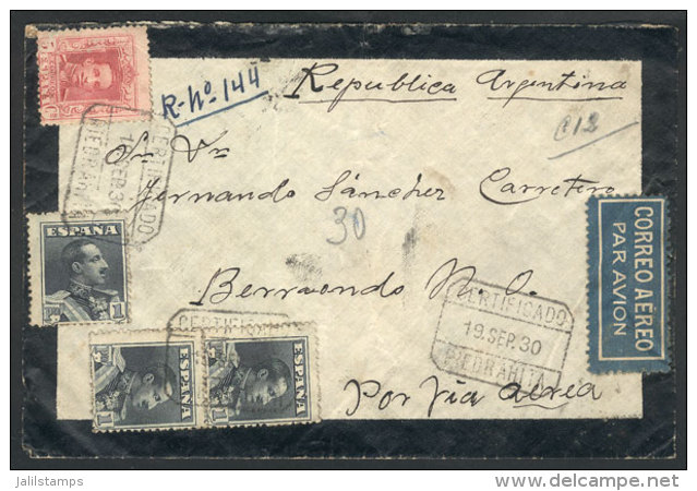 Registered Airmail Cover Sent From PIEDRAHITA To Argentina On 19/SE/1930 Franked With 3.05Ptas., Handsome And... - Andere & Zonder Classificatie