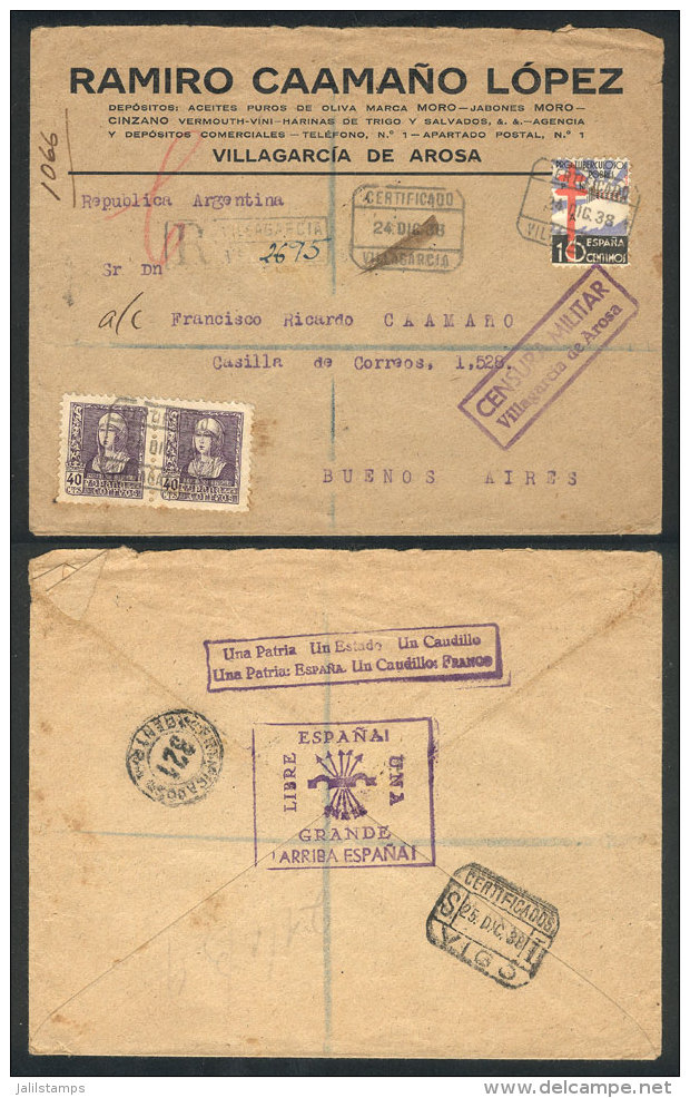 Registered Cover Sent From Villagarc&iacute;a To Argentina On 23/DE/1938, With Several Censor Marks, VF Quality! - Andere & Zonder Classificatie