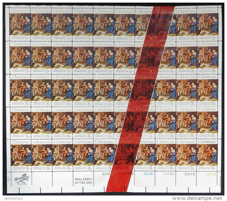 Sc.1444, 1971 8c. Christmas, Complete Sheet Of 50 Stamps With Red Adhesive Tape Splice (due To A Pre-printing Paper... - Andere & Zonder Classificatie