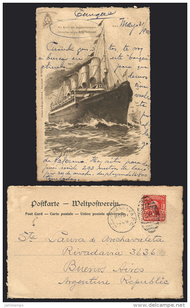 PC With Spectacular View Of Ship "Deutschland" Of HAPAG, Artist Signed Willy St&ouml;wer, Sent From The Ship To... - Andere & Zonder Classificatie